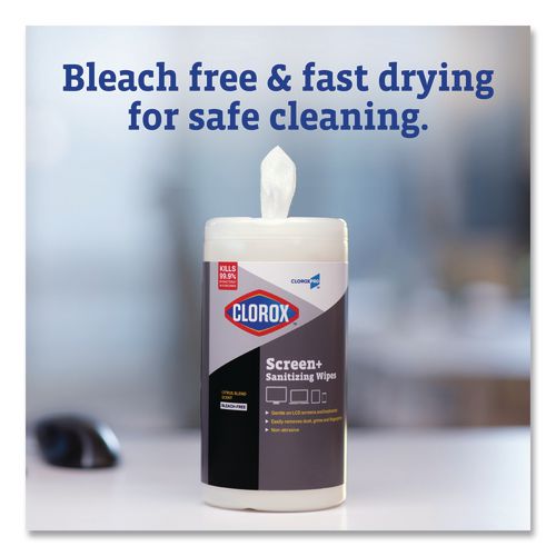 Image of Clorox® 60724 CloroxPro ScreenPlus Screen Sanitizing Wipes, 6 x 8, Citrus Blend, White, 75/Canister, 6 Canisters/Carton