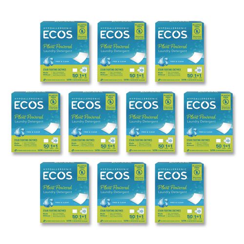 Image of ECOS® 953710CT Liquidless Laundry Detergent Sheets, Free and Clear, 50 Sheets/Pack, 10 Packs/Carton