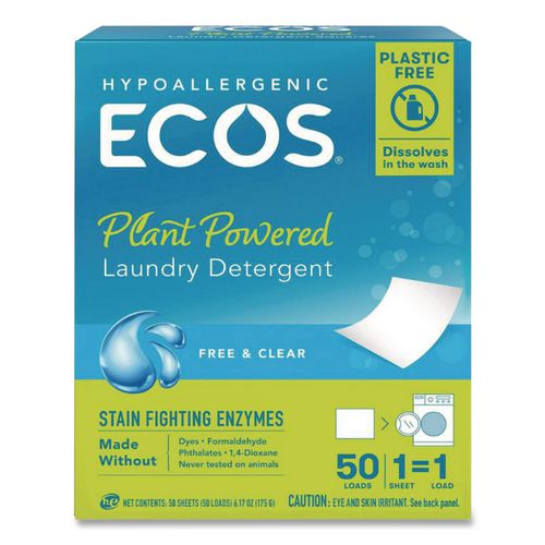 Image of ECOS® 953710CT Liquidless Laundry Detergent Sheets, Free and Clear, 50 Sheets/Pack, 10 Packs/Carton
