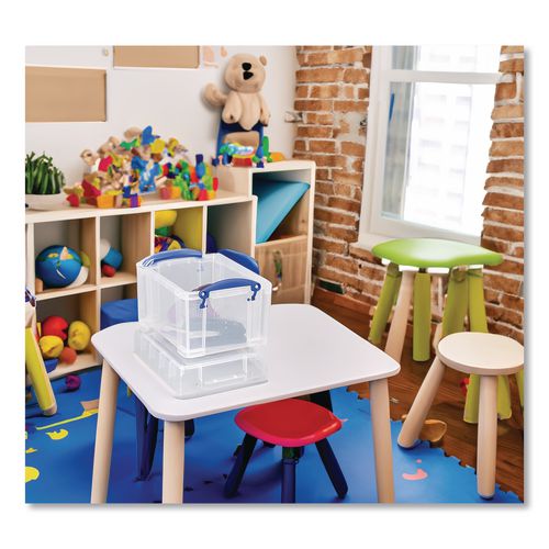 Image of Really Useful Box® 3C Snap-Lid Storage Bin, 101.12 oz, 7.06" x 9.62" x 6.25", Clear Box/Blue Handle