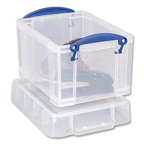 Image of Really Useful Box® 3C Snap-Lid Storage Bin, 101.12 oz, 7.06" x 9.62" x 6.25", Clear Box/Blue Handle