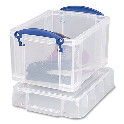 Image of Really Useful Box® 3C Snap-Lid Storage Bin, 101.12 oz, 7.06" x 9.62" x 6.25", Clear Box/Blue Handle