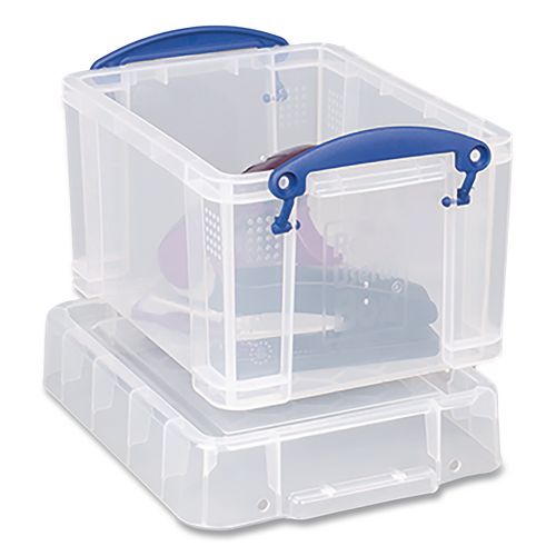 Image of Really Useful Box® 3C Snap-Lid Storage Bin, 101.12 oz, 7.06" x 9.62" x 6.25", Clear Box/Blue Handle