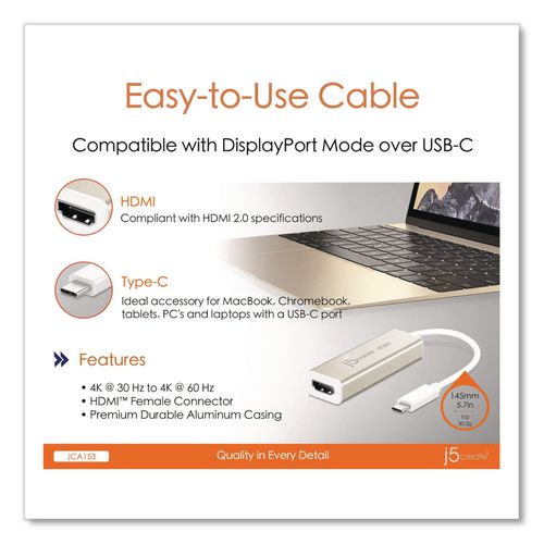 Image of j5create® JCA153US USB-C to HDMI Adapter, 5.71", Silver/White