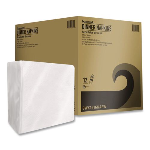 Image of Boardwalk® BWK1616NAPW Dinner Napkins, 1-Ply, 16" x 16", White, 250/Pack, 12 Packs/Carton