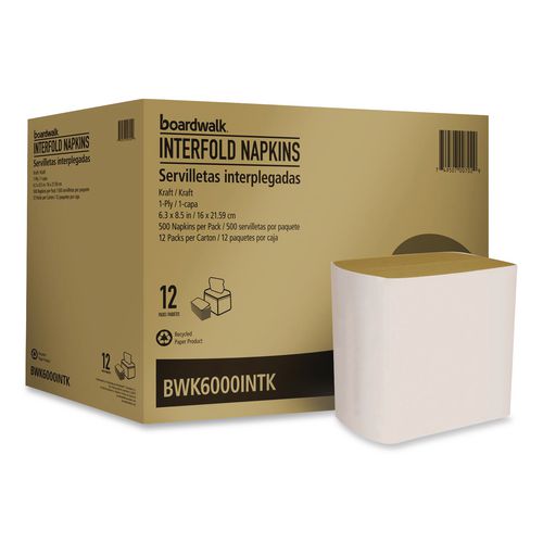 Image of Boardwalk® BWK6000INTK Interfold Napkins, 1-Ply, 8.8 x 6.3, Kraft, 500/Pack, 12 Packs/Carton