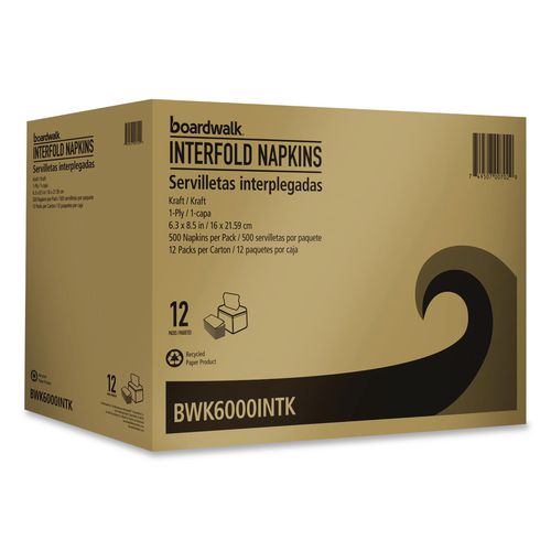 Image of Boardwalk® BWK6000INTK Interfold Napkins, 1-Ply, 8.8 x 6.3, Kraft, 500/Pack, 12 Packs/Carton