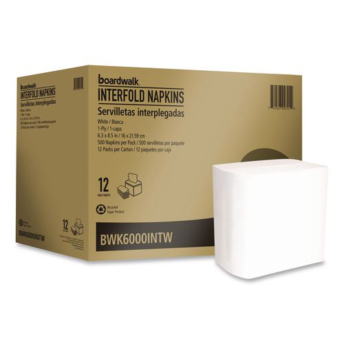 Image of Boardwalk® BWK6000INTW Interfold Napkins, 1-Ply, 8.8 x 6.3, White, 500/Pack, 12 Packs/Carton