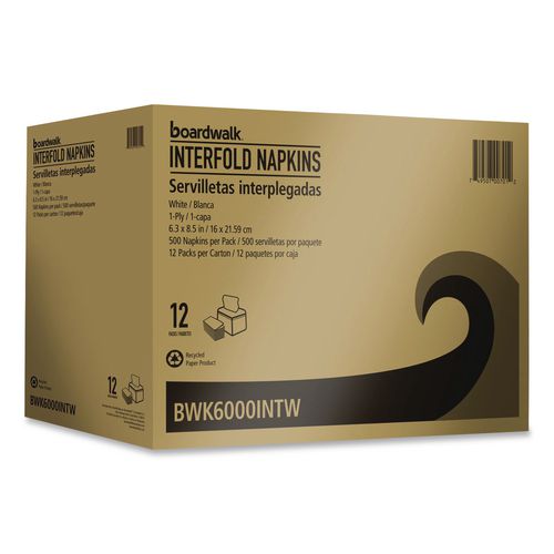 Image of Boardwalk® BWK6000INTW Interfold Napkins, 1-Ply, 8.8 x 6.3, White, 500/Pack, 12 Packs/Carton