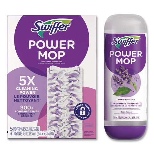 Image of Swiffer® 80734047 PowerMop Cleaning Solution and Pads Refill Pack, Lavender, 25.3 oz Bottle and 5 Pads per Pack, 4 Packs/Carton
