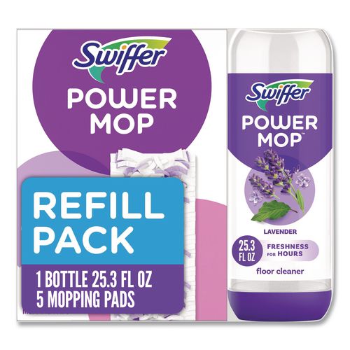 Image of Swiffer® 80734047 PowerMop Cleaning Solution and Pads Refill Pack, Lavender, 25.3 oz Bottle and 5 Pads per Pack, 4 Packs/Carton