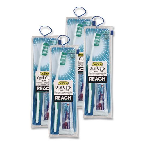 Image of Lil' Drugstore® 70187 Oral Care Kit. Toothbrush/Toothpaste in Resealable Pouch, Assorted Colors, 4/Box