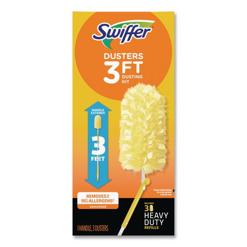 Image of Swiffer® 82074 Heavy Duty Dusters With Extendable Handle, Plastic Handle Extends To 3 Ft, 1 Handle And 3 Dusters/kit, 6 Kits/carton