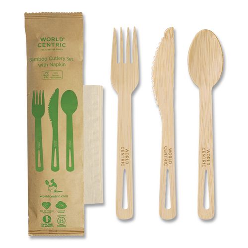 Image of World Centric® AS-BB-TN Bamboo Cutlery, Fork/Knife/Napkin/Spoon, Paper, Natural, 250/Carton