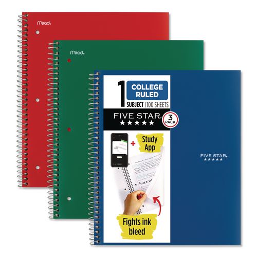Image of Five Star® Wirebound Notebook, 1-Subject, Medium/College Rule, Assorted Cover Colors, (100) 11 x 8.5 Sheets, 3/Pack