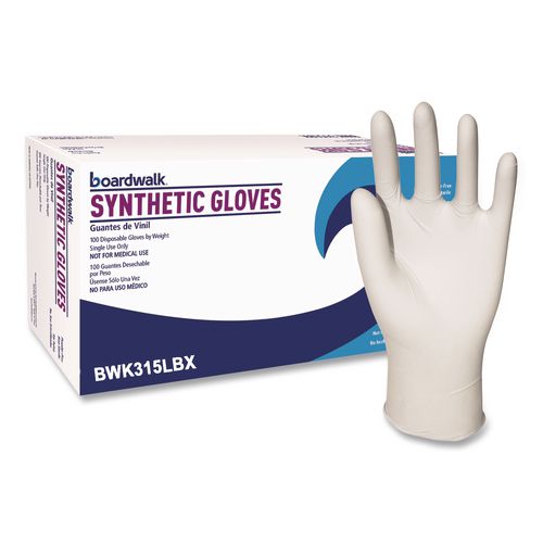 Image of Boardwalk® BWK315LBX Powder-Free Synthetic Vinyl Gloves, Large, 4 mil Thick, 9.5" Long, Beige, 100/Box