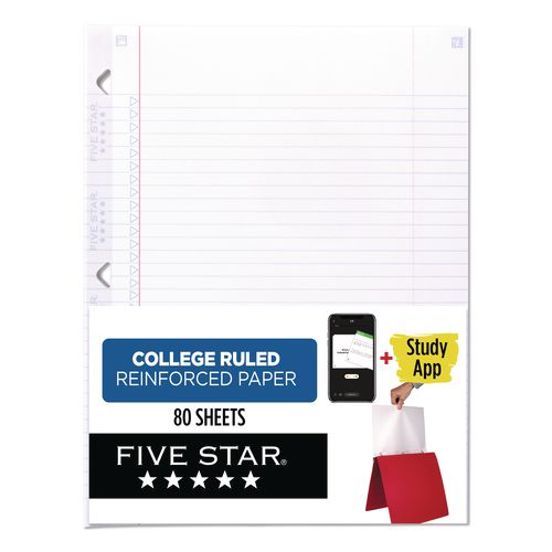 Image of Five StarÂ® Reinforced Filler Paper Plus Study App, 3-Hole, 8.5 x 11, College Rule, 80/Pack