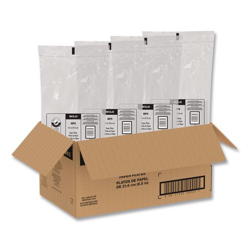 Image of SOLO® MP9-PLANET Compostable Paper Dinnerware, ProPlanet Seal, Plate, 8.5" dia, White, 500/Carton