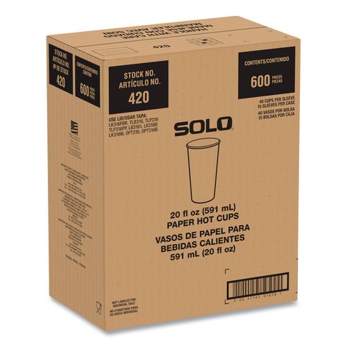 Image of SOLO® 420RC-PLANET Recycled Content PCF Paper Hot Cups, ProPlanet Seal, 20 oz, White/Blue, 600/Carton