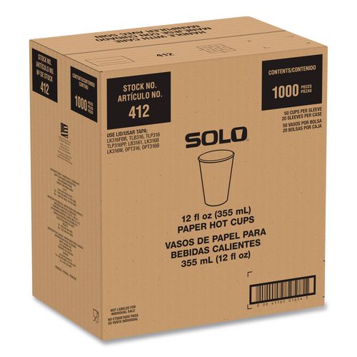 Image of SOLO® 412RCN-PLANET Recycled Content PCF Paper Hot Cups, ProPlanet Seal, 12 oz, White/Blue, 1,000/Carton
