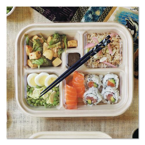 Image of World Centric® TRLCSBB PLA Lids for Fiber Bento Box Containers, 12.1 x 9.8 x 0.8, Clear, Plastic, 300/Carton