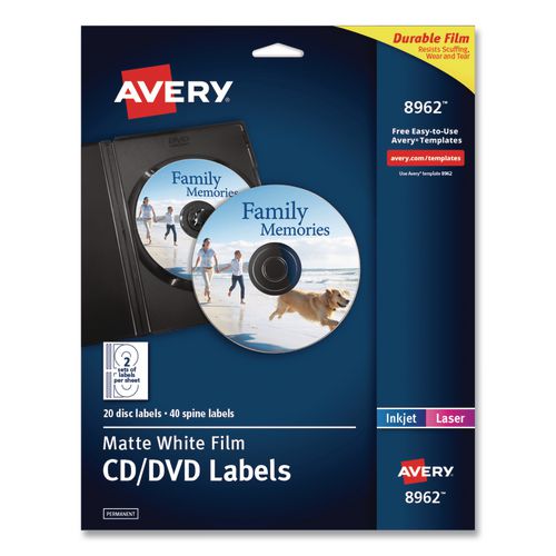 Image of Avery® 08962 DVD Film Labels, Matte White, 20/Pack