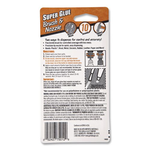 Image of Gorilla® 7500101 Super Glue With Brush And Nozzle Applicators, 0.35 Oz, Dries Clear
