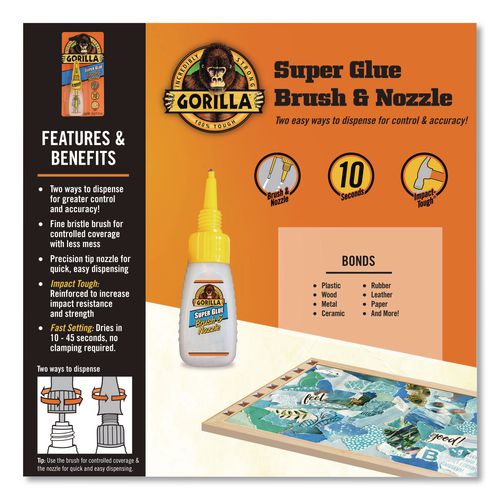 Image of Gorilla® 7500101 Super Glue With Brush And Nozzle Applicators, 0.35 Oz, Dries Clear