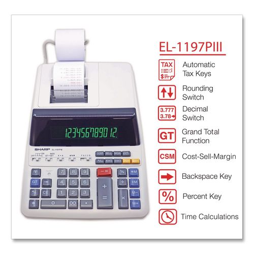 Image of Sharp® EL1197PIII El1197piii Two-Color Printing Desktop Calculator, Black/red Print, 4.5 Lines/sec