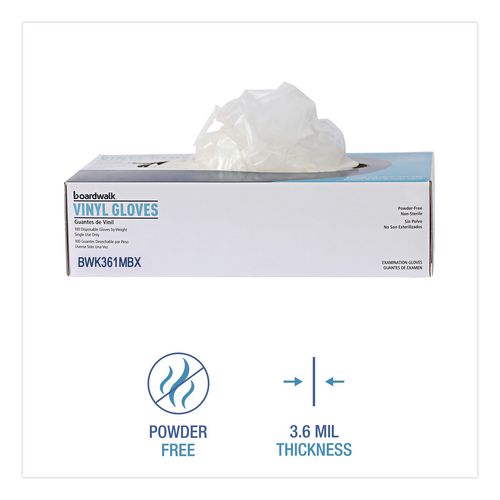 Image of Boardwalk® BWK361MBX Exam Vinyl Gloves, Powder-Free, Medium, 3.6 mil Thick, 9.5" Long, Clear, 100/Box