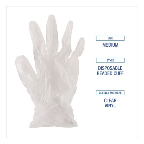 Image of Boardwalk® BWK361MBX Exam Vinyl Gloves, Powder-Free, Medium, 3.6 mil Thick, 9.5" Long, Clear, 100/Box