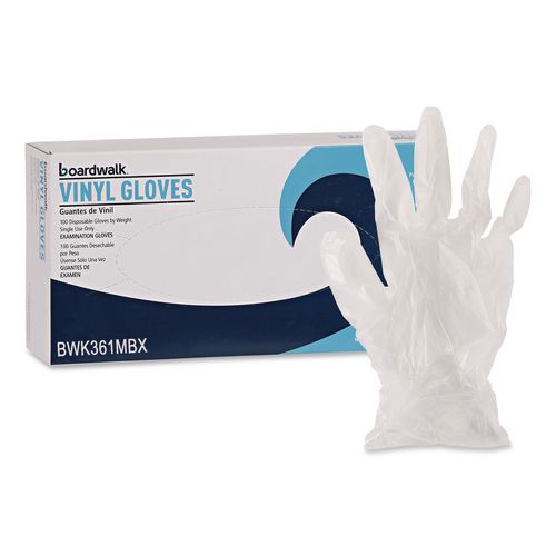 Image of Boardwalk® BWK361MCT Exam Vinyl Gloves, Powder-Free, Medium, 3.6 mil Thick, 9.5" Long, Clear, 100/Box, 10 Boxes/Carton
