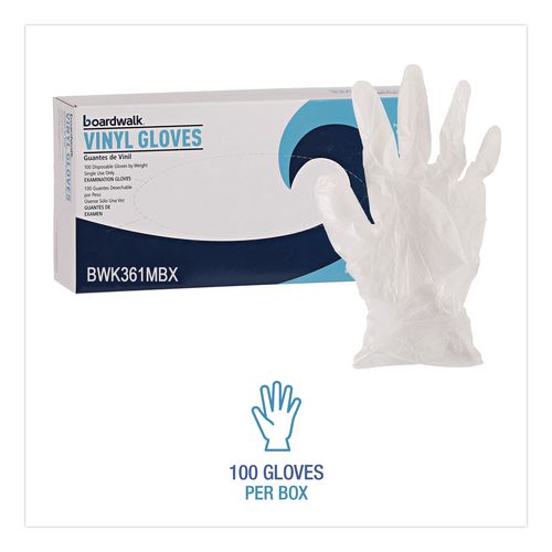 Image of Boardwalk® BWK361MCT Exam Vinyl Gloves, Powder-Free, Medium, 3.6 mil Thick, 9.5" Long, Clear, 100/Box, 10 Boxes/Carton