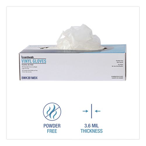 Image of Boardwalk® BWK361MCT Exam Vinyl Gloves, Powder-Free, Medium, 3.6 mil Thick, 9.5" Long, Clear, 100/Box, 10 Boxes/Carton