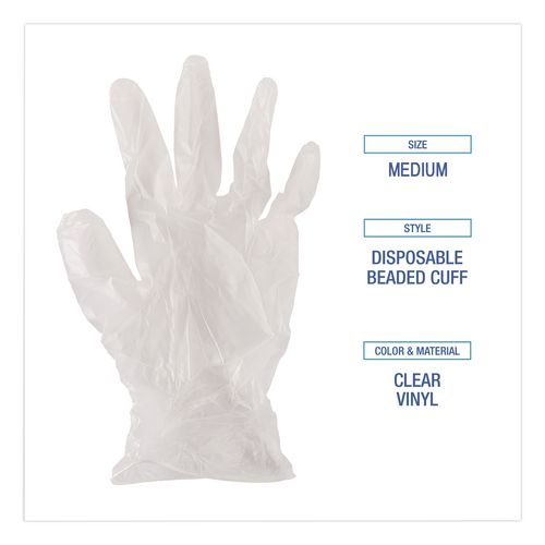 Image of Boardwalk® BWK361MCT Exam Vinyl Gloves, Powder-Free, Medium, 3.6 mil Thick, 9.5" Long, Clear, 100/Box, 10 Boxes/Carton