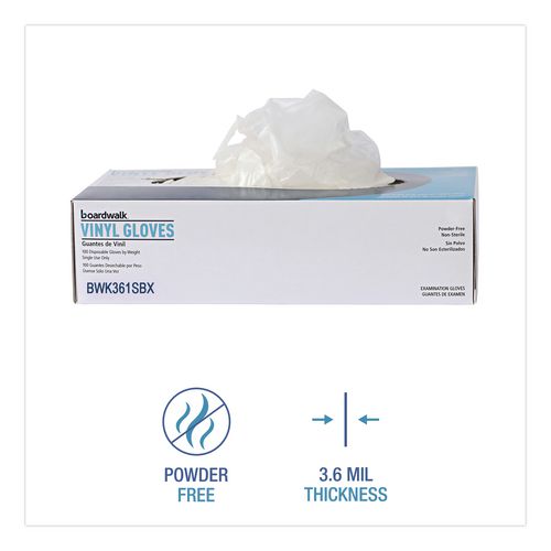 Image of Boardwalk® BWK361SBX Exam Vinyl Gloves, Powder-Free, Small, 3.6 mil Thick, 9.5" Long, Clear, 100/Box