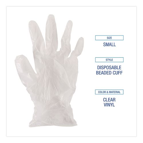 Image of Boardwalk® BWK361SBX Exam Vinyl Gloves, Powder-Free, Small, 3.6 mil Thick, 9.5" Long, Clear, 100/Box
