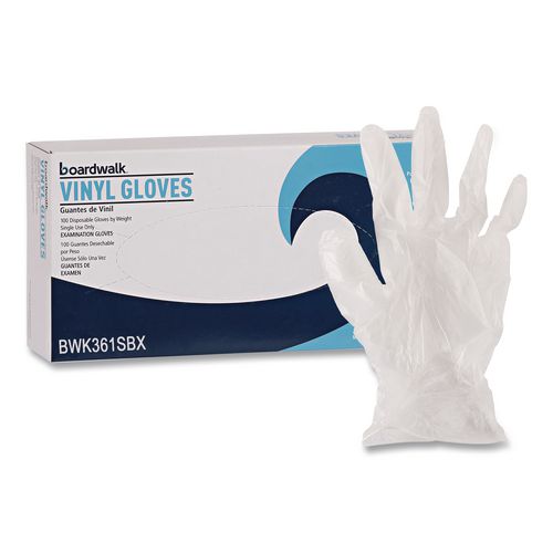 Image of Boardwalk® BWK361SCT Exam Vinyl Gloves, Powder-Free, Small, 3.6 mil Thick, 9.5" Long, Clear, 100/Box, 10 Boxes/Carton