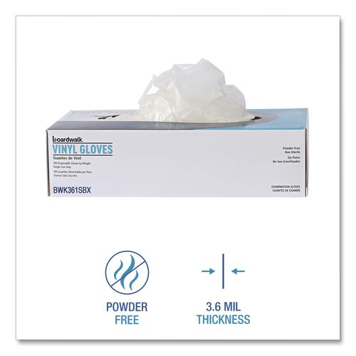 Image of Boardwalk® BWK361SCT Exam Vinyl Gloves, Powder-Free, Small, 3.6 mil Thick, 9.5" Long, Clear, 100/Box, 10 Boxes/Carton