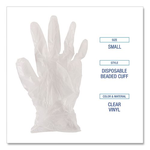 Image of Boardwalk® BWK361SCT Exam Vinyl Gloves, Powder-Free, Small, 3.6 mil Thick, 9.5" Long, Clear, 100/Box, 10 Boxes/Carton