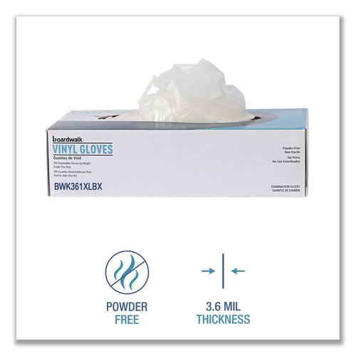 Image of Boardwalk® BWK361XLBX Exam Vinyl Gloves, Powder-Free, X-Large, 3.6 mil Thick, 9.5" Long, Clear, 100/Box