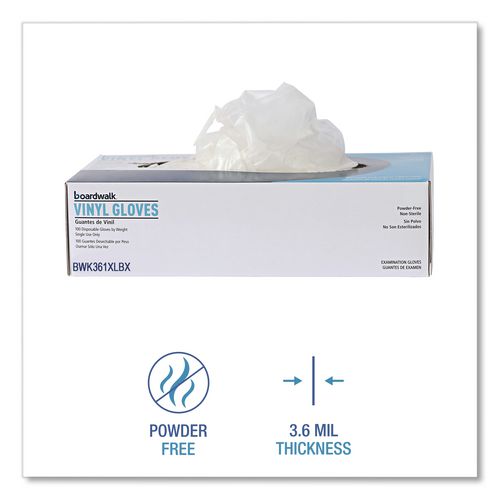 Image of Boardwalk® BWK361XLCT Exam Vinyl Gloves, Powder-Free, X-Large, 3.6 mil Thick, 9.5" Long, Clear, 100/Box, 10 Boxes/Carton