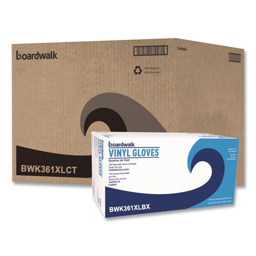 Image of Boardwalk® BWK361XLCT Exam Vinyl Gloves, Powder-Free, X-Large, 3.6 mil Thick, 9.5" Long, Clear, 100/Box, 10 Boxes/Carton