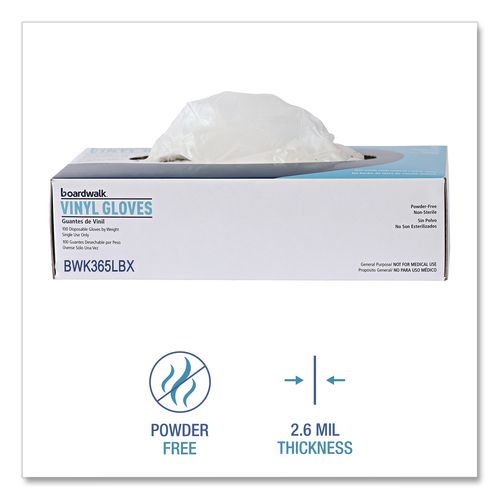 Image of Boardwalk® BWK365LCT General Purpose Vinyl Gloves, Powder-Free, Large, 2.6 mil Thick, 9.5" Long, Clear, 100/Box, 10 Boxes/Carton