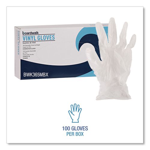 Image of Boardwalk® BWK365MBX General Purpose Vinyl Gloves, Powder-Free, Medium, 2.6 mil Thick, 13" Long, Clear, 100/Box