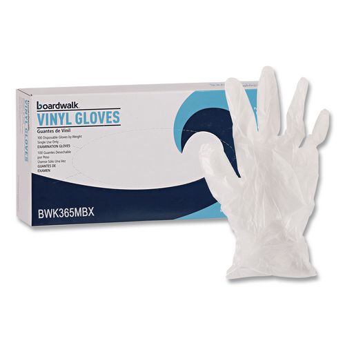 Image of Boardwalk® BWK365MCT General Purpose Vinyl Gloves, Powder-Free, Medium, 2.6 mil Thick, 9.5" Long, Clear, 100/Box, 10 Boxes/Carton