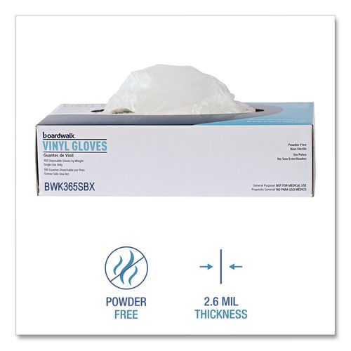 Image of Boardwalk® BWK365SBX General Purpose Vinyl Gloves, Powder-Free, Small, 2.6 mil Thick, 9.5" Long, Clear, 100/Box