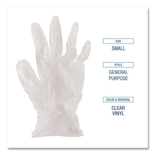Image of Boardwalk® BWK365SBX General Purpose Vinyl Gloves, Powder-Free, Small, 2.6 mil Thick, 9.5" Long, Clear, 100/Box