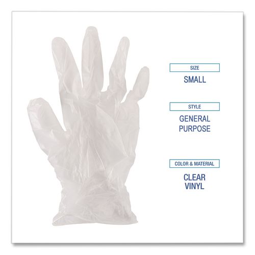 Image of Boardwalk® BWK365SCT General Purpose Vinyl Gloves, Powder-Free, Small, 2.6 mil Thick, 9.5" Long, Clear, 100/Box, 10 Boxes/Carton
