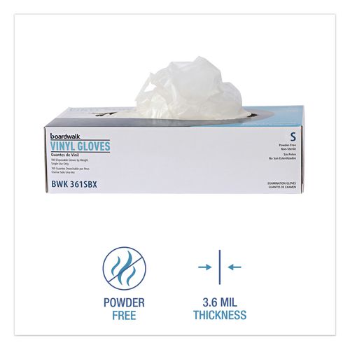 Image of Boardwalk® BWK361LBX Exam Vinyl Gloves, Powder-Free, Large, 3.6 mil Thick, 9.5" Long, Clear, 100/Box